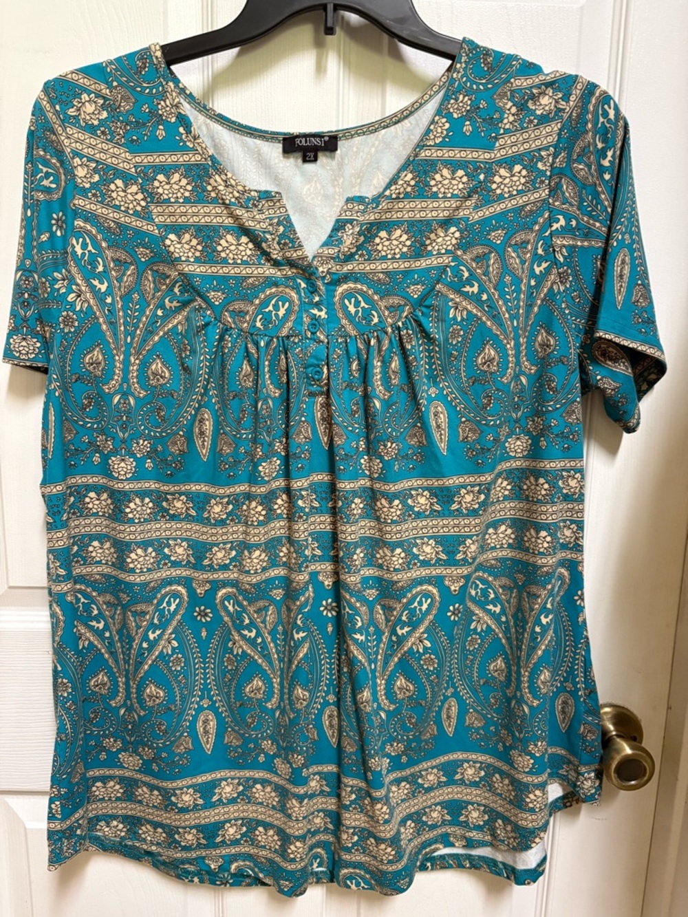 Teal Paisley Short-Sleeve V-Neck Top